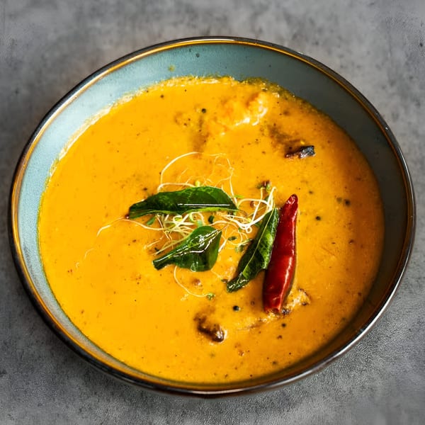 Nanglo Restaurant's Nepalese curry, a vibrant orange dish garnished with green leaves, sprouts, and a red chili.